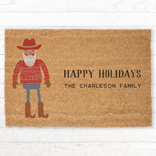 Cowboy Santa Claus Christmas Personalized Fiber Doormat