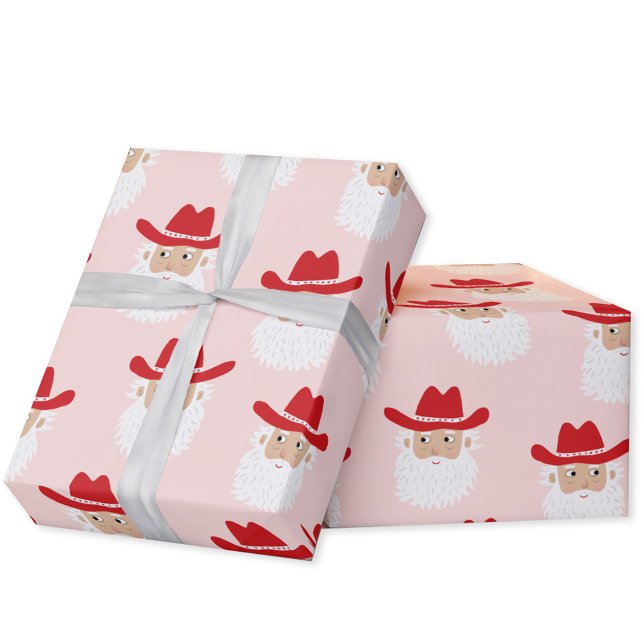 Cowboy Santa Claus Christmas Pink Wrapping Paper (Fun Cowboy Santa Claus Western Christmas Holiday gift wrapping paper)