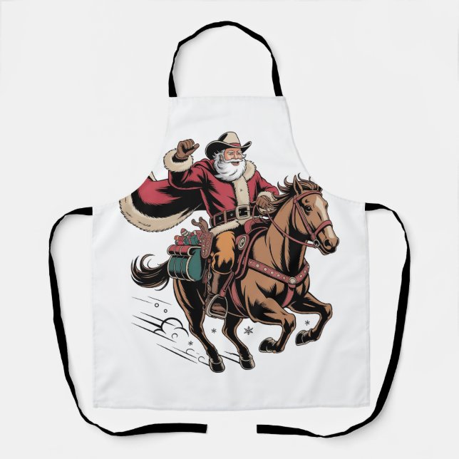 Cowboy Santa Claus Riding A Horse Christmas  Apron (Front)