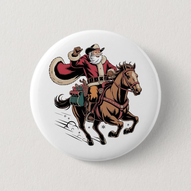 Cowboy Santa Claus Riding A Horse Christmas  Button (Front)