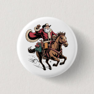 Cowboy Santa Claus Riding A Horse Christmas Button