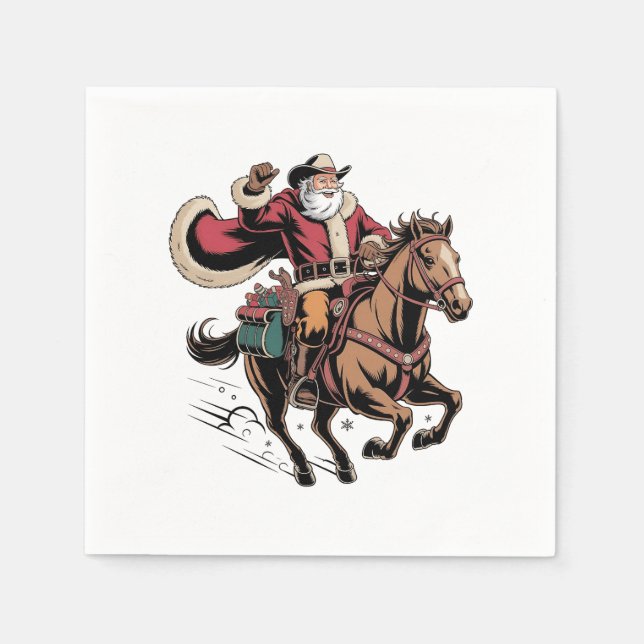 Cowboy Santa Claus Riding A Horse Christmas  Napkins (Front)