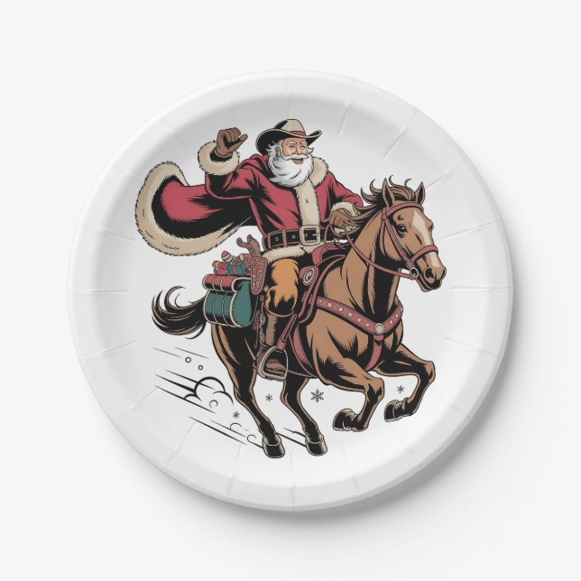 Cowboy Santa Claus Riding A Horse Christmas  Paper Plates (Front)