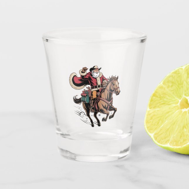 Cowboy Santa Claus Riding A Horse Christmas  Shot Glass (Front)