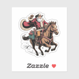Cowboy Santa Claus Riding A Horse Christmas Sticker