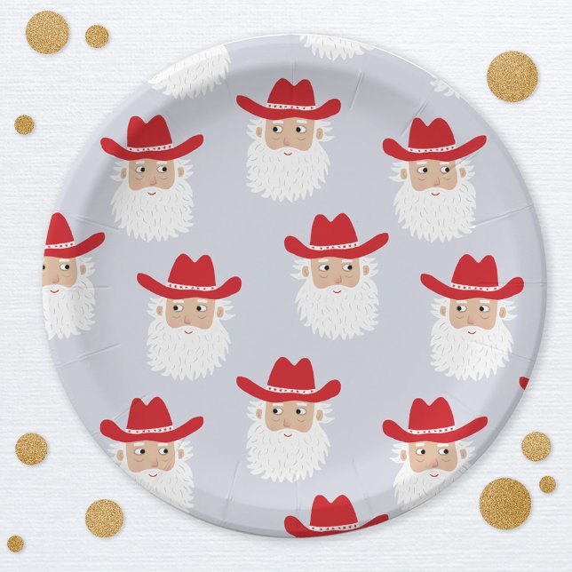 Cowboy Santa Claus Western Christmas Blue Paper Plates (Fun Cowboy Santa Claus Western Holidays Christmas party paper plate)