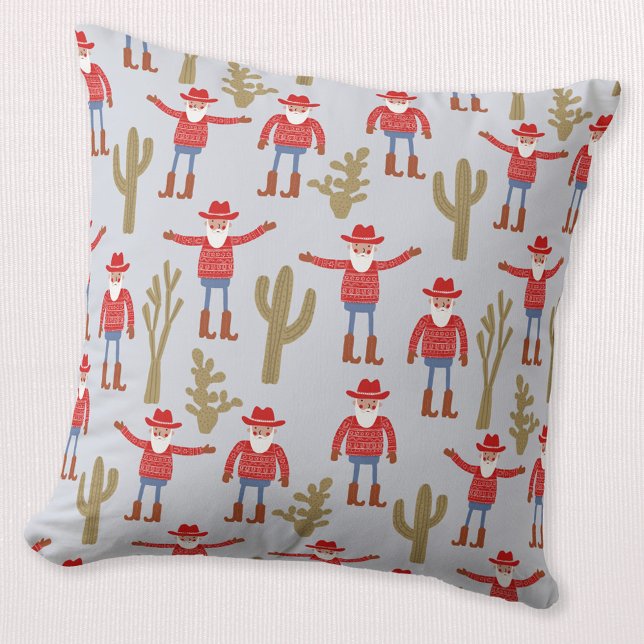 Cowboy Santa Claus Western Christmas Blue Throw Pillow (Fun Cowboy Santa Claus pattern Western Christmas Holiday throw pillow)