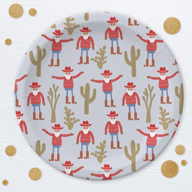Cowboy Santa Claus Western Christmas Paper Plates (Fun Cowboy Santa Claus Christmas Holidays Western party paper plates)