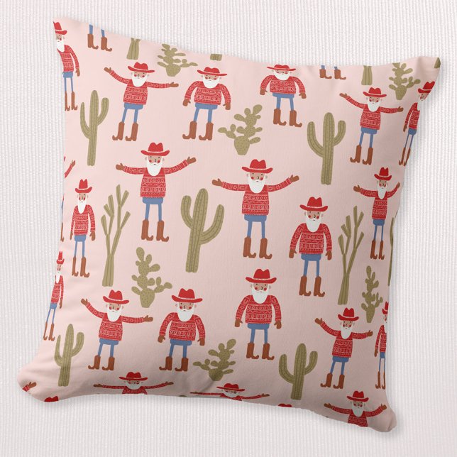 Cowboy Santa Claus Western Christmas Pink Throw Pillow (Fun Cowboy Santa Claus pattern Western Christmas Holiday throw pillow)