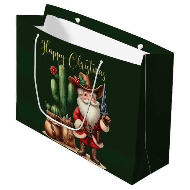 Cowboy Santa Happy Christmas Desert Cactus Pistol Large Gift Bag (Front Angled)