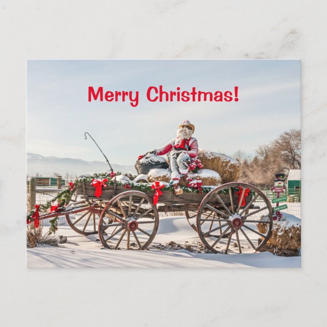 Cowboy Santa - Wagon with Hay Bales Holiday Postcard (Front)