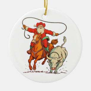 Cowboy Santa Western Roping Christmas Vintage Xmas Ceramic Ornament