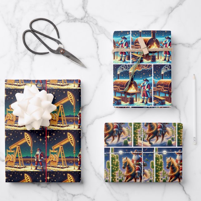 Cowboy Santa With Oil Pump BBQ and Horse Christmas Wrapping Paper Sheets (Front)