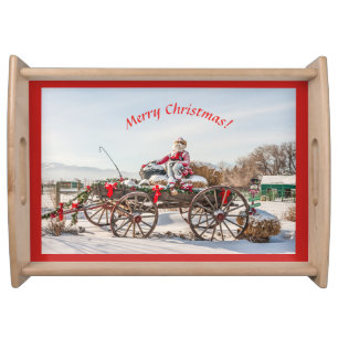 Cowboy Santa's Chrismas Wagon with Hay Bales Serving Tray