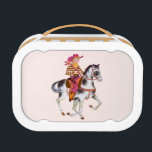 Cowboy School Lunchbox<br><div class="desc">The old West comes alive again with this colorful western theme lunchbox featuring a handsome young cowboy, in his best outfit, a 6-shooter in his gun belt, riding his horse. On the reverse is a classic western style saddle.</div>