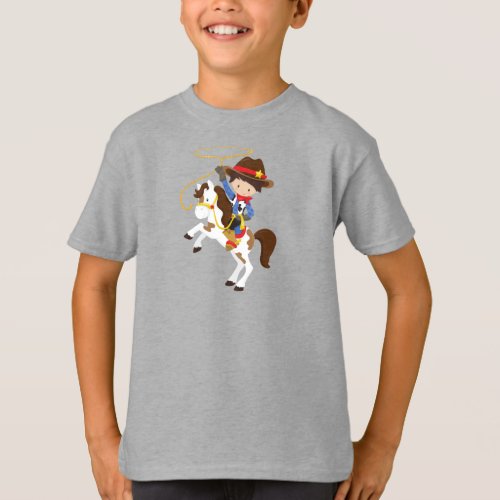 Cowboy Sheriff Horse Lasso Western Brown Hair T_Shirt