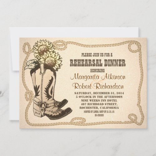 cowboy shoes rustic rehearsal dinner invitations