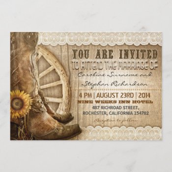 Cowboy Shoes Sunflowers Brown Wood Wedding Invites by jinaiji at Zazzle
