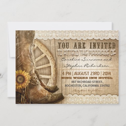 cowboy shoes sunflowers brown wood wedding invites