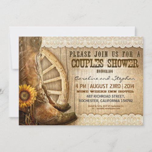 cowboy shoes sunflowers wood couples shower invite