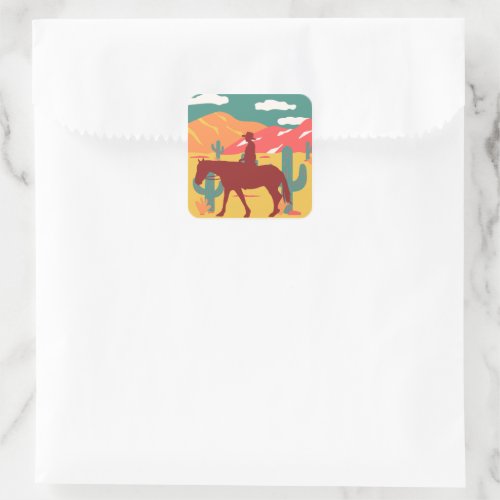 Cowboy Silhouette Desert Landscape  Square Sticker