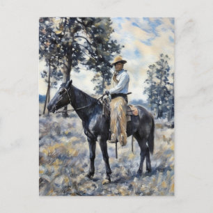 cowboy sitting on horse painting western art postcard