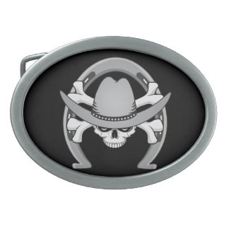 Cowboy Skull Horseshoe Oval Belt Buckle