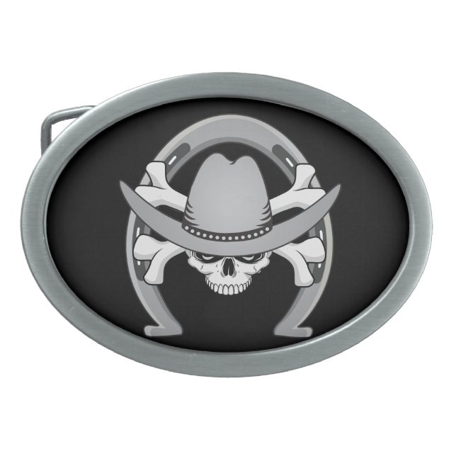 Cowboy Skull Horseshoe Oval Belt Buckle (Front)