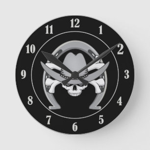 Cowboy Skull Horseshoe Round Clock