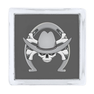 Cowboy Skull Horseshoe Silver Finish Lapel Pin