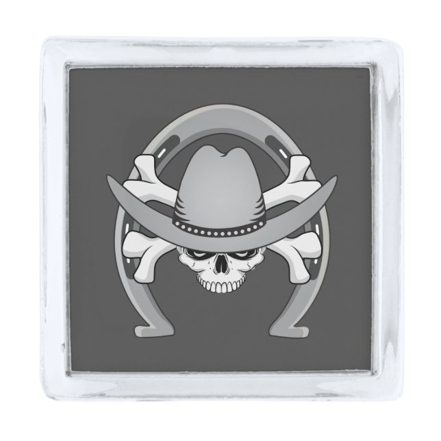 Cowboy Skull Horseshoe Silver Finish Lapel Pin (Front)