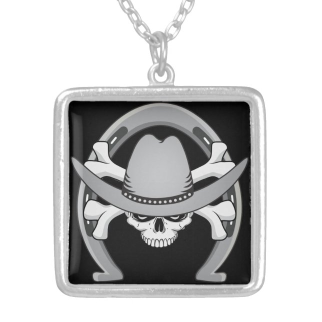 Cowboy Skull Horseshoe Silver Plated Necklace (Front)