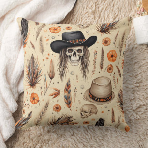 Cowboy Skull & Pumpkin Boho Seamless Pattern Throw Pillow