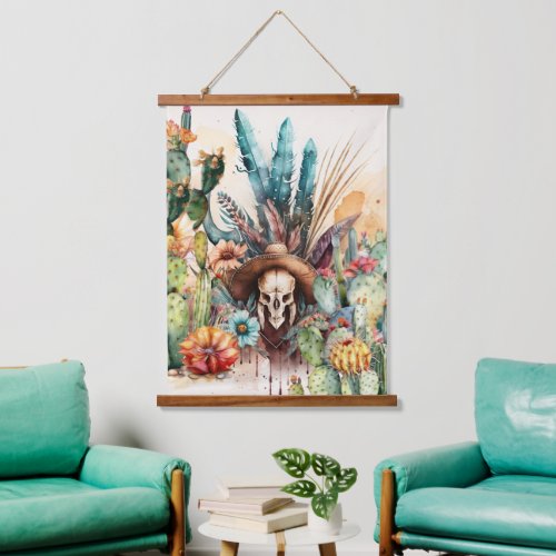 Cowboy skull stetson cactus watercolor desert hanging tapestry