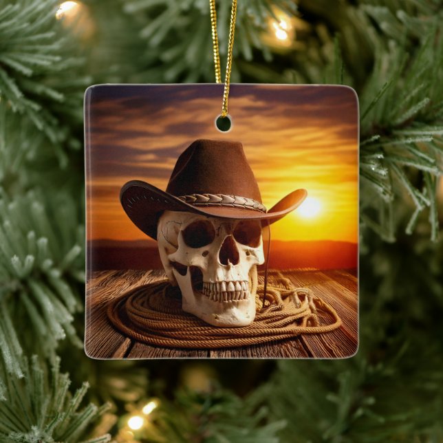 Cowboy Skull with Lasso Ceramic Ornament (Tree)