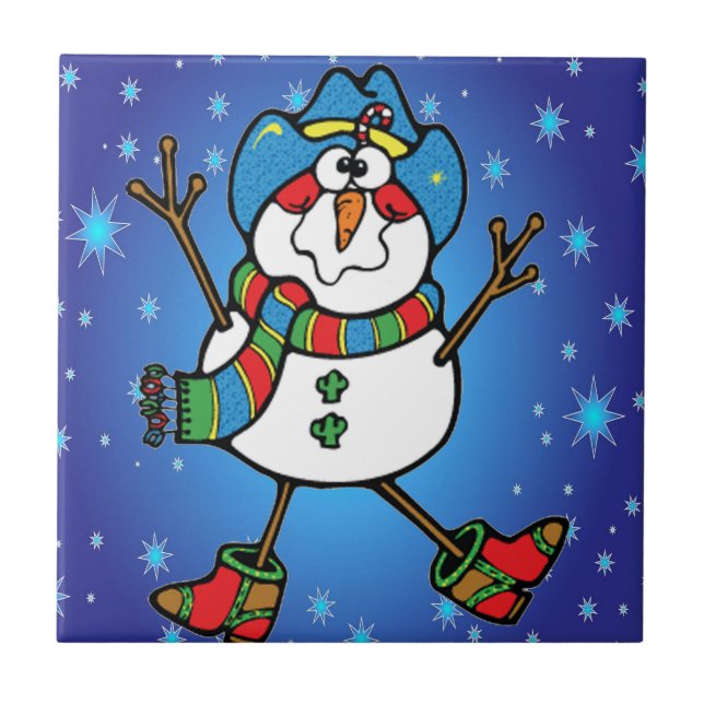 Cowboy Snowman Ceramic Tile (Front)