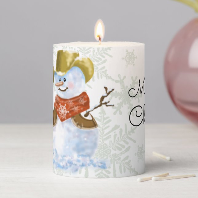 Cowboy Snowman Christmas Card Pillar Candle (In Situ)
