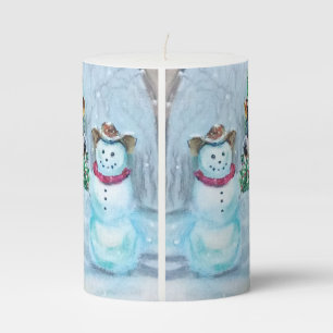 Cowboy Snowman & Cow Christmas Winter Scene Pillar Candle