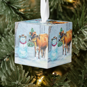 Cowboy Snowman & Cow Farm Christmas Cube Ornament