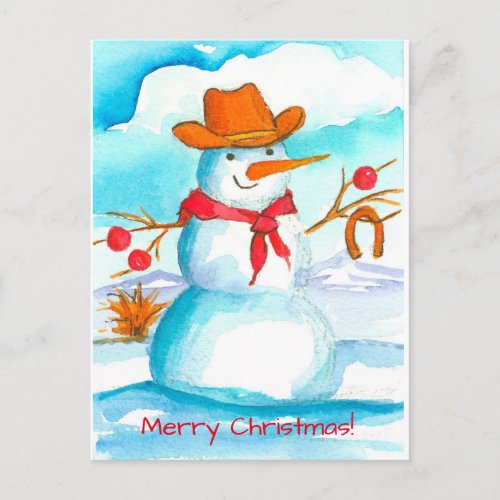 Cowboy Snowman Horse Shoe Merry Christmas Holiday Postcard