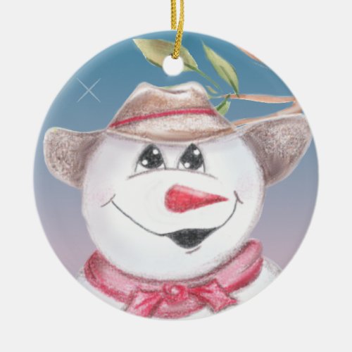 Cowboy Snowman in Red Scarf Illustratied Ornament