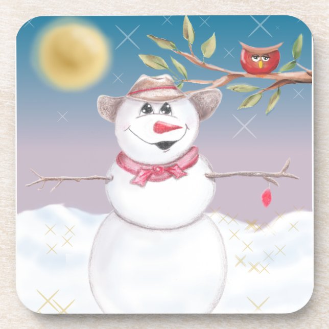 Cowboy Snowman & Owl Winter Scene Beverage Coaster (Front)