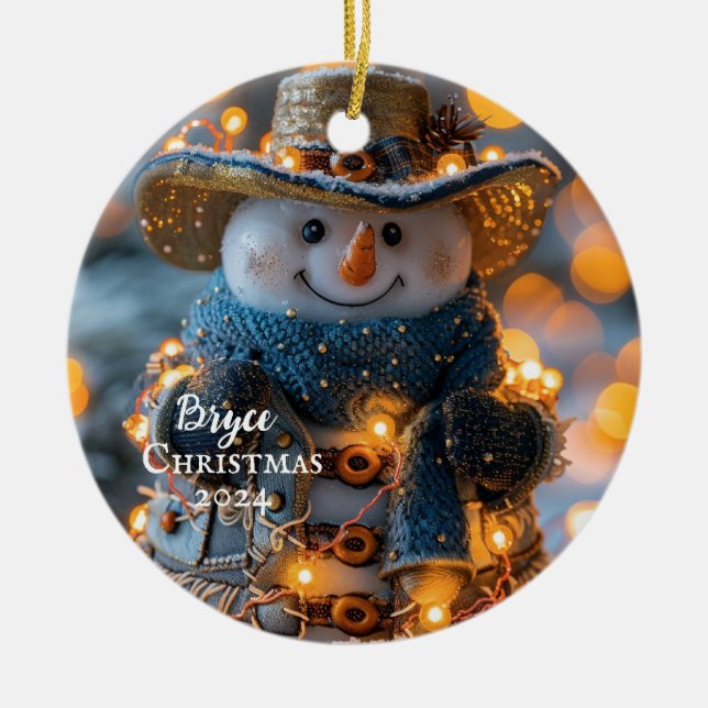 Cowboy Snowman Personalized Ornament (Front)