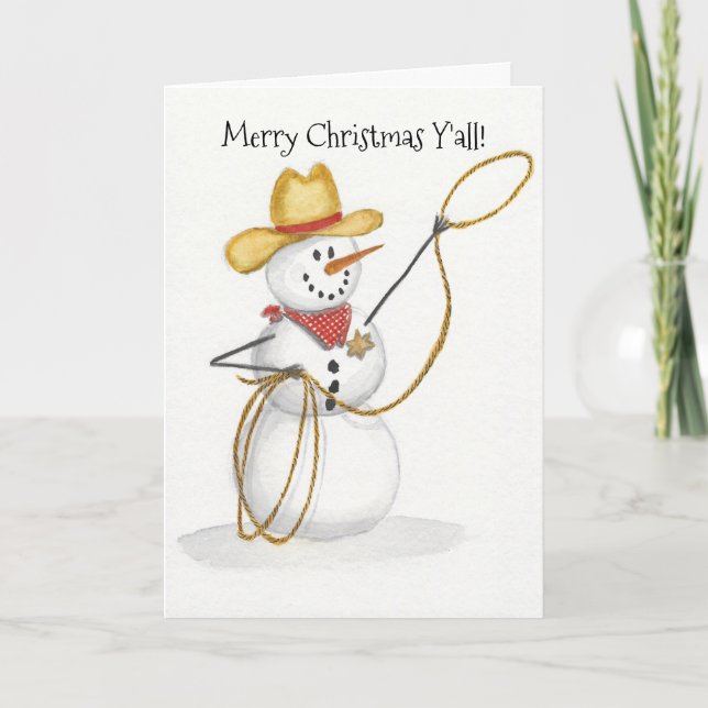 Cowboy Snowman Watercolor Christmas Card (Front)