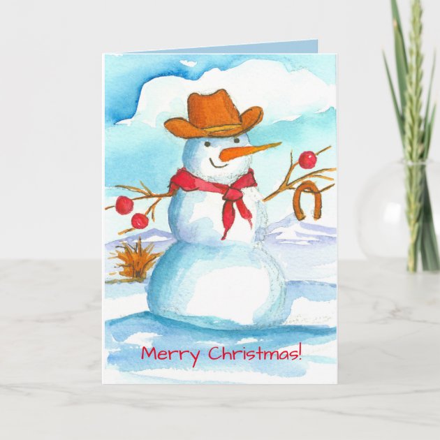 Cowboy Snowman Watercolor Merry Christmas Holiday Invitation