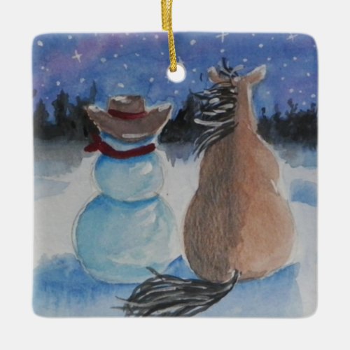 Cowboy Snowman with Horse Christmas Holiday Ceramic Ornament