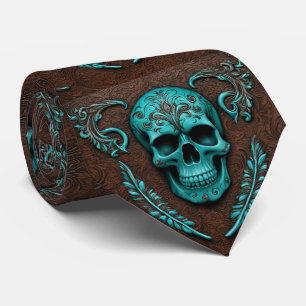 Cowboy Southwestern Brown Teal Sugar Skull Neck Tie