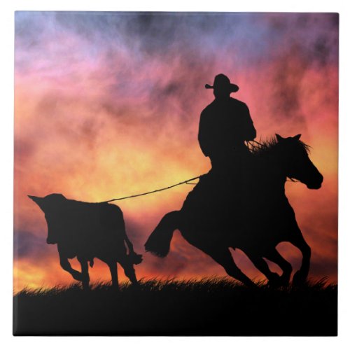 Cowboy Steer Roping in Sunset Ceramic Tile