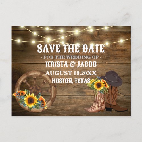 Cowboy Sunflower Western Wedding Save The Date Postcard