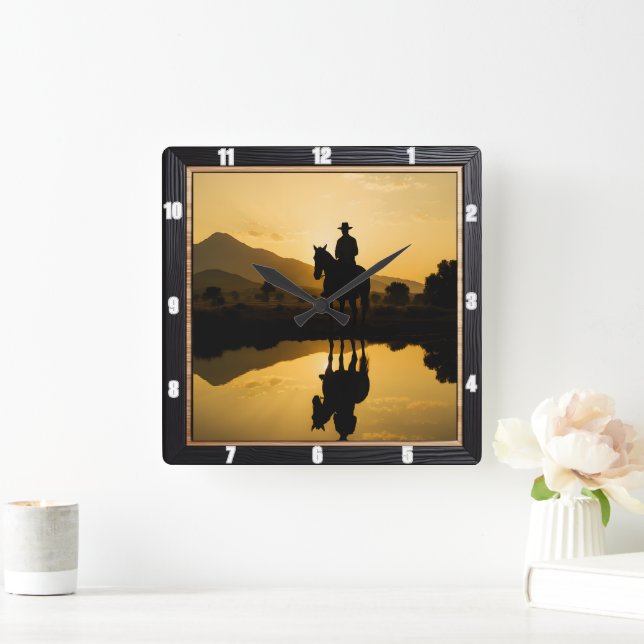 Cowboy Sunset Horseback Reflection  Square Wall Clock (Home)